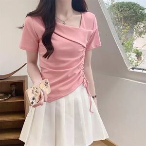 Pink Ruched Top with White Skirt